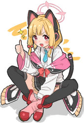  1girl :3 :d animal_ear_headphones animal_ears black_thighhighs blonde_hair blue_archive blue_necktie blush boots bow butterfly_sitting buttons cat_ear_headphones cat_ears collared_shirt commentary fake_animal_ears fake_tail frilled_jacket frills full_body hair_bow halo hand_up headphones highres hood hooded_jacket jacket jacket_partially_removed long_sleeves looking_at_viewer loveitrabbit623 low-tied_sidelocks momoi_(blue_archive) necktie open_mouth pink_boots pink_halo red_bow shirt short_hair sidelocks sitting smile solo star_(symbol) tail teeth thigh-highs thumbs_up upper_teeth_only v-shaped_eyebrows white_background white_jacket white_shirt 