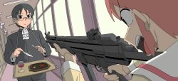  1boy 1girl aiming ascot closed_mouth cup drinking_glass expressionless food fork fubarmoe gakuran glasses gun h&amp;k_mp5 hallway highres holding holding_fork holding_knife indoors knife nichijou open_mouth pink_hair sailor_collar sasahara_koujirou school_uniform steak submachine_gun tachibana_misato tray v-shaped_eyebrows weapon white_sailor_collar wine_glass 