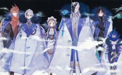  2girls 4boys absurdres arlecchino_(genshin_impact) black_eyes black_hair black_mask blonde_hair blue_eyes blue_hat coat facial_hair fur-trimmed_jacket fur_trim genshin_impact glasses hat highres jacket long_hair mask mask_on_head multicolored_hair multiple_boys multiple_girls mustache official_alternate_costume orange_hair pantalone_(genshin_impact) pierro_(genshin_impact) pointy_ears pulcinella_(genshin_impact) red_mask red_pupils red_scarf round_eyewear sandrone_(genshin_impact) scarf second-party_source streaked_hair tartaglia_(genshin_impact) white_coat white_hair white_jacket yamaguchi_tsubasa 