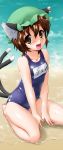  1girl absurdres alternate_costume animal_ears beach brown_eyes brown_hair byeontae_jagga cat_ears cat_tail chen fang hat highres jewelry looking_at_viewer multiple_tails one-piece_swimsuit open_mouth school_swimsuit short_hair single_earring smile solo swimsuit tail touhou 