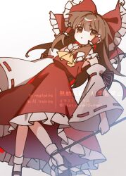  1girl ascot bow brown_eyes brown_hair brown_shoes commentary_request detached_sleeves frilled_bow frilled_hair_tubes frilled_skirt frills gohei gradient_background hair_bow hair_tubes hakurei_reimu highres holding holding_gohei illust_atelier3 long_hair one-hour_drawing_challenge red_bow red_skirt ribbon-trimmed_sleeves ribbon_trim shoes skirt skirt_set socks solo touhou watermark white_socks yellow_ascot 