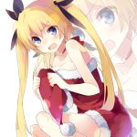  1girl bare_shoulders blonde_hair blue_eyes blush breasts hair_ribbon hat long_hair looking_at_viewer mishima_kurone open_mouth ribbon santa_hat simple_background solo twintails white_background zoom_layer 