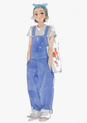  1girl absurdres bag blue_hairband blue_overalls full_body grey_background hairband handbag hands_in_pockets highres looking_at_viewer original overalls shirt shoes short_sleeves solo watamoke white_shirt white_shoes 