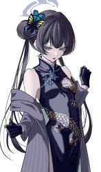  bare_shoulders black_gloves black_hair blue_archive butterfly_hair_ornament chinese_clothes coat double_bun dragon_print dress gloves grey_eyes grey_halo hair_bun hair_ornament halo highres jacket kisaki_(blue_archive) off-shoulder_coat off_shoulder pelvic_curtain pinstripe_jacket pinstripe_pattern print_dress qipao sleeveless striped_clothes striped_coat striped_jacket vertical-striped_clothes vertical-striped_coat vertical-striped_jacket yukahire 