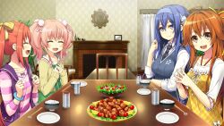  1/7_no_mahoutsukai 4girls ahoge arm_under_breasts blue_hair blue_hairband blue_necktie blue_sweater_vest bow bowl bracelet brown_eyes cardigan chair chicken_(food) chopsticks closed_eyes closed_mouth collarbone collared_shirt cropped_cardigan cup curtains dress drinking_glass fireplace food fried_chicken game_asset green_dress hair_between_eyes hair_bow hair_intakes hair_ornament hair_ribbon hairband hand_up hands_on_own_chest hands_up ichijo_himari jacket jewelry kirishima_misuzu long_hair looking_at_another looking_at_viewer medium_hair multiple_girls multiple_hair_bows necktie ninomiya_manaka non-web_source on_chair open_cardigan open_clothes open_mouth orange_hair picture_frame pink_hair pink_shirt plate profile purple_jacket purple_sailor_collar red_hair ribbon rice rice_bowl ring sailor_collar salad salad_bowl self-datamine shinonome_yuno shirt side_ponytail sleeveless sleeveless_jacket steepled_fingers striped_clothes striped_shirt sweater_vest table teeth tel-o three-quarter_sleeves twintails upper_teeth_only v-neck vanishing_point white_shirt yellow_bow yellow_cardigan yellow_dress 