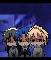  3girls annoyed antenna_hair arcueid_brunestud black_hair black_robe blonde_hair blue_eyes blue_shirt breasts chibi ciel_(tsukihime) collared_shirt curtained_hair hair_between_eyes hairband long_hair looking_at_viewer melty_blood multiple_girls red_eyes red_ribbon ribbon robe scowl shaded_face shirt short_hair sidelocks single_hair_intake sleeve_cuffs sweater tententensan tohno_akiha tsukihime turtleneck turtleneck_sweater white_hairband white_sweater wing_collar 