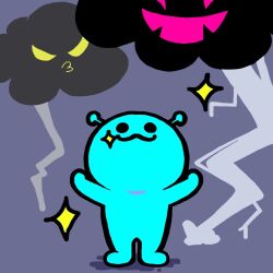  :3 black_eyes chibi clouds colored_sclera commentary_request creature fangs full_body ghost grey_background happy highres kuutokun0613 looking_at_viewer no_humans open_mouth pink_cloud_(rhythm_tengoku) prototype_design purple_background rhythm_tengoku rhythm_tengoku_miracle_stars simple_background smile smoke solid_circle_eyes sparkle standing warping_alien_(rhythm_tengoku) yellow_cloud_(rhythm_tengoku) yellow_sclera 