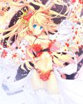  1girl bikini blonde_hair blue_eyes breasts detached_sleeves e-nya flower hair_flower hair_ornament magic moriah_saga outstretched_arms petals showgirl_skirt solo swimsuit thighhighs white_legwear wind 