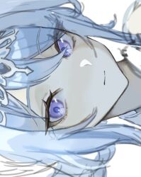  1girl bare_shoulders blue_gem blue_hair blue_pupils blush closed_mouth clv0q eyelashes feather_hair_ornament feathers fur_collar gem genshin_impact hair_between_eyes hair_ornament hairband looking_at_viewer odette_(genshin_impact) short_hair sidelocks simple_background smile solo unfinished violet_eyes wavy_hair white_background white_feathers white_hairband 