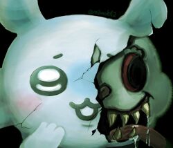  1other :3 artist_name black_background broken_mask chiikawa commentary_request crack cracked_kawaii_mask creature drooling horror_(theme) licking long_tongue m0mok42 mask momonga_(chiikawa) monster no_humans open_mouth saliva saliva_trail sharp_teeth simple_background solo teeth tongue tongue_out twitter_username 