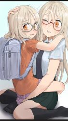  2girls backpack bad_id bad_twitter_id bag black_necktie black_socks blonde_hair character_request child copyright_request glasses green_skirt hand_on_another's_head highres hug inactive_account inu_chikushou long_hair multiple_girls necktie one_eye_closed orange_eyes pleated_skirt purple_skirt randoseru scared semi-rimless_eyewear shirt shirt_tucked_in short_sleeves simple_background skirt socks straddling sweatdrop tearing_up white_background white_shirt 