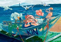  1boy 1girl bandana bird black_hair blush boat brown_hair closed_eyes commentary_request crossed_arms dateko_(da0316teko) day dock english_text fish fisher_(pokemon) fishing fishing_line fishing_rod flying gloves hat highres holding holding_fishing_rod leaning magikarp may_(pokemon) ocean open_mouth outdoors painterly pokemon pokemon_(creature) pokemon_ruby/sapphire/emerald red_bandana red_hat rope sand short_hair sidelocks sitting sky water water_type_theme_(pokemon) watercraft wingull 
