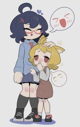  2girls absurdres ahoge animal_ears black_shoes black_socks blonde_hair blue_shirt blush bow brown_dress cateran_summons closed_eyes collared_shirt commentary_request cookie_(touhou) dress fingernails footwear_bow fox_ears fox_girl full_body glasses grey_background hair_ornament headpat highres long_sleeves mary_janes miramikaru_riran multiple_girls necktie open_mouth red-framed_eyewear red_bow red_eyes red_necktie riina_(cookie) shirt shoes short_hair simple_background smile sneakers socks standing x_hair_ornament 