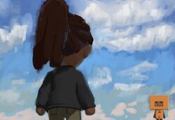  1boy 1other blue_sky clouds cloudy_sky cowboy_shot dark-skinned_male dark_skin dreadlocks highres imasillygoofyguy killer_chat! mii_(nintendo) outdoors painterly ponytail sky standing v_(killer_chat) 