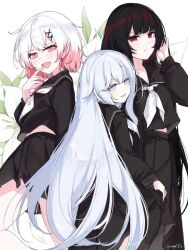  3girls artist_name black_hair black_sailor_collar black_serafuku black_shirt black_skirt catkgf colored_eyelashes commentary dated fang gradient_hair hair_ornament highres long_hair long_sleeves looking_at_viewer mahou_shoujo_no_majo_saiban multicolored_hair multiple_girls neckerchief nikaido_hiro open_mouth pink_eyes pink_hair pleated_skirt red_eyes sailor_collar sakuraba_ema school_uniform serafuku shirt short_hair simple_background skin_fang skirt spoilers tsukishiro_yuki untranslatable_commentary white_background white_eyelashes white_eyes white_hair white_neckerchief x_hair_ornament 