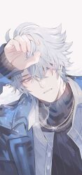  1boy absurdres antenna_hair arm_up black_sweater blue_eyes blue_jacket blush chain chain_necklace collared_shirt commentary crossed_bangs fingernails gold_chain gold_necklace grey_hair hair_between_eyes half-closed_eyes highres honkai:_star_rail honkai_(series) jacket jewelry lapels long_sleeves looking_down male_focus mobtop99 neck_tattoo necklace official_alternate_costume open_clothes open_jacket open_shirt phainon_(express_travel)_(honkai:_star_rail) phainon_(honkai:_star_rail) shirt short_hair simple_background solo sparkle sun_symbol sun_tattoo sweater tattoo teeth turtleneck turtleneck_sweater untranslatable_commentary upper_body white_background white_shirt 