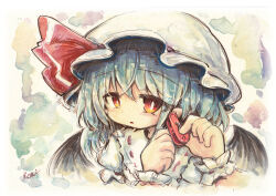  1girl ascot bat_wings blue_hair bright_pupils commentary_request hat hat_ribbon highres kouba mob_cap open_mouth pointy_ears red_ascot red_eyes remilia_scarlet ribbon shirt signature solo touhou upper_body white_hat white_pupils white_shirt white_wrist_cuffs wings wrist_cuffs 