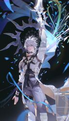  1boy absurdres arm_guards arm_up armor belt black_background black_belt black_choker black_gloves black_halo black_pants black_shirt blue_cape cape chest_belt choker coat collarbone collared_shirt confetti dawnmaker_(honkai:_star_rail) empty_eyes english_commentary eyelashes feet_out_of_frame fingerless_gloves floating_cape floating_hair glitch gloves grey_hair hair_between_eyes halo halo_behind_head high_collar highres holding holding_sword holding_weapon honkai:_star_rail honkai_(series) kiraandfriends long_sleeves looking_at_viewer male_focus neck_tattoo pants phainon_(honkai:_star_rail) phainon_(khaslana)_(honkai:_star_rail) shirt short_hair shoulder_armor simple_background single_glove solo standing sun_symbol sun_tattoo sword tattoo teeth thigh_strap weapon white_coat yellow_eyes 