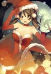  1girl absurdres akinashi_yuu arms_up bare_shoulders blush boots breasts brown_eyes brown_hair choker cleavage dress dress_lift elbow_gloves fur_trim gloves hat highres large_breasts leg_up long_hair original panties red_dress red_gloves red_legwear sack santa_costume santa_hat scan solo sweatdrop thigh-highs thigh_boots twintails underwear white_panties 
