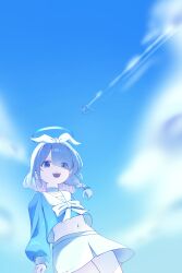  1girl absurdres arona_(blue_archive) blue_archive blue_eyes blue_hair blue_halo blue_shirt blunt_bangs bow bow_hairband braid colored_inner_hair commentary_request eyes_visible_through_hair from_below hair_over_one_eye hairband halo highres korean_commentary kudaranaidyako multicolored_hair navel open_mouth pink_hair sailor_collar shirt short_hair single_braid skirt solo stomach two-tone_hair white_bow white_hairband white_sailor_collar white_skirt 