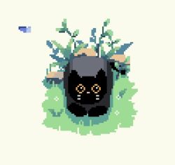  animal animated animated_gif black_cat blade_of_grass blue_butterfly breathing_(animated) bug butterfly cat cat_loaf day decomposedmaw flower grass looking_at_viewer looping_animation lowres nature no_humans original outdoors pixel_art plant rock tail tail_wagging whiskers white_flower 