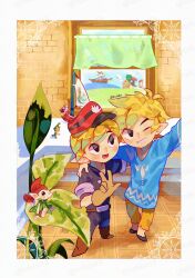  1girl 1other 3boys black_jacket black_pants blue_shirt commentary_request hat highres indoors jacket link male_focus mini_person miniboy minish multiple_boys multiple_persona pants peaked_cap princess_zelda selfie shirt smile the_king_of_red_lions the_legend_of_zelda the_legend_of_zelda:_spirit_tracks the_legend_of_zelda:_the_minish_cap the_legend_of_zelda:_the_wind_waker tokuura toon_link toon_zelda train v watermark watermark_grid window 