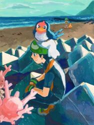  1boy 1girl bandana beanie bird black_hair brendan_(pokemon) brown_hair closed_mouth clouds cloudy_sky combusken commentary_request corsola dateko_(da0316teko) day fanny_pack from_behind from_side gloves green_bandana hat highres jagged_rocks looking_to_the_side may_(pokemon) mountain ocean on_head outdoors pants pokemon pokemon_(creature) pokemon_emerald pokemon_on_head pokemon_ruby/sapphire/emerald rock shoes short_hair sky smile sneakers squatting taillow walking water 