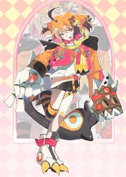  1girl ahoge bandaid bandaid_on_knee bandaid_on_leg black_shorts blonde_hair brown_hair gauntlets gigi_murin gigi_murin_(1st_costume) hair_through_hood hololive hololive_english hood hooded_shrug looking_at_viewer multicolored_hair napopk orange_shrug shorts shrug_(clothing) single_thighhigh solo striped_clothes striped_thighhighs thigh-highs tongue tongue_out twintails two-tone_hair v virtual_youtuber 