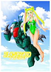  1girl blonde_hair breasts character_name choujikuu_yousai_macross clouds cloudy_sky commentary_request destroid energy_cannon green_eyes headband highres macross mecha missile_pod mixed-language_text one-piece_swimsuit proto_k pun ribbon robot science_fiction sky spartan_(destroid) sun sunlight swimsuit twintails 