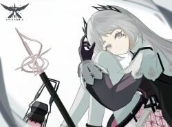  1girl arknights black_gloves black_shirt blurry chinese_commentary closed_mouth commentary_request dusk_ming expressionless gloves grey_eyes grey_hair grey_pantyhose highres iberia_logo irene_(arknights) knees_up lantern long_hair long_sleeves looking_at_viewer pantyhose scar scar_across_eye scar_on_face sheath sheathed shirt simple_background sitting solo sword weapon white_background 