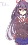  1girl :| character_name date_a_live long_hair looking_at_viewer mishima_kurone purple_hair school_uniform simple_background skirt solo very_long_hair violet_eyes white_background yatogami_tooka 