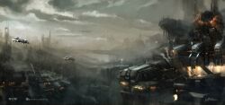  aircraft bridge building city cityscape clouds cloudy_sky commentary company_logo company_name concept_art copyright_name cyberpunk dated day english_commentary eve_online fictional_aircraft flying georg_hilmarsson grey_sky hangar highres industrial logo minmatar_republic_(eve_online) no_humans official_art outdoors radio_antenna scenery science_fiction signature sky skyscraper smog smoke steam thrusters 