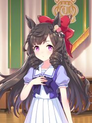  1girl absurdres animal_ear_fluff animal_ears artist_request asymmetrical_bangs back_bow banner bare_arms beads blue_bow blue_bowtie blue_shirt blunt_bangs bow bowtie braid breasts brooch brown_hair card_commentary closed_mouth collarbone commentary cowboy_shot crest daiichi_ruby_(umamusume) dot_nose ear_ribbon expressionless eyelashes flower game_asset hair_beads hair_bow hair_ornament hand_on_own_chest high-waist_skirt highres horse_ears horse_girl horseshoe_ornament indoors jewelry large_bow light_blush light_frown long_hair looking_at_viewer multiple_braids official_art pink_flower pink_ribbon pink_rose pleated_skirt puffy_short_sleeves puffy_sleeves red_bow ribbon ringlets rose school_uniform shirt short_sleeves skirt small_breasts solo standing summer_uniform tareme third-party_source tracen_school_uniform tri_braids two-tone_shirt umamusume very_long_hair violet_eyes white_flower white_rose white_shirt white_skirt wooden_floor 