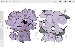  2girls :o alice_(mewgenics) art_program_in_frame chibi chibi_only chibikemo chinese_commentary closed_eyes color_connection commentary_request east-west_crossover espurr furry furry_female highres horns lucy_(mewgenics) mewgenics multiple_girls o_o pani_5750 personification pokefication simple_background sitting sparkle species_connection spiral third_eye tongue tongue_out violet_eyes white_background 