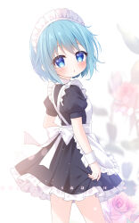  1girl :o alternate_costume apron artist_name back_bow black_dress blue_eyes blue_hair bow chinese_commentary collared_dress commentary_request contrast_collar cowboy_shot dress enmaided eyelashes eyes_visible_through_hair floral_background flower frilled_apron frills from_behind highres holding_own_dress light_blush light_particles looking_at_viewer looking_back mahou_shoujo_madoka_magica mahou_shoujo_madoka_magica_(anime) maid maid_headdress miki_sayaka open_mouth pink_flower pleated_dress puffy_short_sleeves puffy_sleeves shimo_shiina short_dress short_hair short_sleeves solo surprised tareme white_apron white_background white_bow white_wrist_cuffs wrist_cuffs 