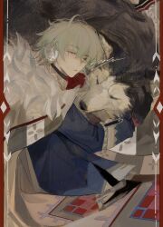  1boy ahoge alyosha_(genshin_impact) animal animal_ears animal_nose black_fur black_gloves black_shirt blue_jacket border cape closed_eyes co6_3g dog dog_ears earmuffs freckles fur-trimmed_cape fur_trim genshin_impact gloves green_hair hair_between_eyes highres hood hooded_cape hug huge_ahoge husky jacket long_sleeves lying male_focus on_side pet red_border shirt short_hair signature sleeping teeth turtleneck turtleneck_shirt two-tone_fur watermark white_cape white_fur 