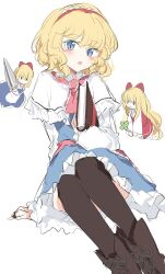  1girl absurdres alice_margatroid blonde_hair blue_dress blue_eyes blush book boots brown_boots brown_thighhighs capelet commentary dress grimoire grimoire_of_alice hairband highres holding holding_book holding_polearm holding_weapon hourai_doll lace-up_boots lance long_sleeves looking_at_viewer open_mouth pink_sash polearm red_hairband sash shanghai_doll simple_background solo subaritsuku thigh-highs touhou waist_sash weapon white_background white_capelet 