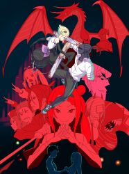  5girls 6+boys absurdres aldebaran_(re:zero) alternate_hairstyle amputee apron bandaged_arm bandaged_head bandages bare_shoulders black_apron black_hair black_pants black_ribbon black_shorts blonde_hair blood bow braid braided_bangs breasts capella_emerada_lugunica chainsaw chainsaw_man collared_shirt commentary_request contemporary cosplay cross_scar crossover crown_braid denji_(chainsaw_man) denji_(chainsaw_man)_(cosplay) dragon elf emilia_(re:zero) evil_smile garfiel_tinsel hair_between_eyes hair_bun hair_ornament hair_slicked_back hat helm helmet high-waist_shorts highres holding holding_sword holding_weapon horns julius_juukulius koushin_ryo lamppost liliana_masquerade long_hair looking_at_viewer monster multiple_boys multiple_girls natsuki_subaru neck_ribbon necktie one_eye_covered open_clothes open_mouth open_shirt otto_suewen pants parody pointy_ears poster_parody priscilla_barielle re:zero_kara_hajimeru_isekai_seikatsu red_eyes regulus_corneas reinhard_van_astrea reverse_grip reze_(chainsaw_man) reze_(chainsaw_man)_(cosplay) ribbon sandals scar scar_on_face sharp_teeth shirt short_hair shorts side_slit side_slit_shorts single_braid sirius_(re:zero) sleeveless sleeveless_shirt smile steepled_fingers sword teeth twintails visor_(armor) weapon white_hair white_shirt 