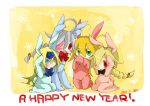  4girls ahoge animal_costume animal_ears ap-dash blazblue blonde_hair blue_eyes bunny_costume dual_persona eyepatch green_eyes happy_new_year lambda-11 mu-12 multiple_girls noel_vermillion nu-13 rabbit_ears red_eyes silver_hair 