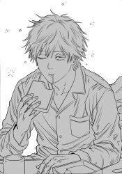  1boy absurdres buttons chainsaw_man collarbone denji_(chainsaw_man) drooling fingernails greyscale highres holding_bread male_focus mekill215280 monochrome one_eye_closed pajamas short_hair simple_background sitting solo white_background 