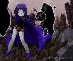 >:( 1girl angry arm_out arm_up artist_name belt belt_buckle bindi black_shirt cape cloak debris female flag grey_skin jewlery julif-art leotard long_sleeves magic middle_part purple_shoes raven_(dc) rock serious short_hair skyscraper superhero teen_titans white_skin