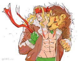  1boy abs alex_winger animal animal_on_shoulder bare_pectorals blonde_hair blue_eyes cez christmas coat gloves green_gloves headband highres jacket jewelry lion long_hair male_focus muscular muscular_male navel necklace open_clothes pectorals scar smile solo street_fighter street_fighter_iii_(series) tattoo tooth_necklace 