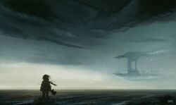  1other aircraft ambiguous_gender clouds commentary eve_online fictional_aircraft georg_hilmarsson grey_theme holding horizon outdoors overcast scenery science_fiction sky solo standing 