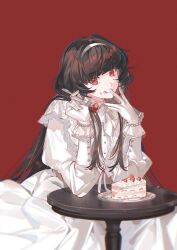  1girl bead_bracelet beads black_hair bracelet cake character_request copyright_request food food_on_face fork gloves hairband highres jewelry juliet_sleeves licking_lips long_hair long_sidelocks long_sleeves looking_at_viewer magnolia_10111 puffy_sleeves red_background red_hair shrug_(clothing) sidelocks solo strawberry_cake table tongue tongue_out white_gloves white_hairband white_shrug 