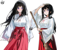  1girl arm_up artist_logo black_hair breasts broom chitanda_eru commentary_request hakama hakama_skirt holding holding_broom hyouka japanese_clothes kimono logo long_hair long_sleeves looking_at_viewer mery_(yangmalgage) miko multiple_views obi red_hakama red_sash sash simple_background skirt violet_eyes white_background white_kimono wide_sleeves 