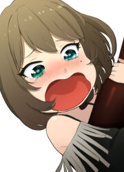  1girl absurdres alternate_eye_color blush bottle brown_hair commentary_request crying_aqua_(meme) deformed green_eyes highres holding holding_bottle idolmaster idolmaster_cinderella_girls kono_subarashii_sekai_ni_shukufuku_wo! kusaba_eru_(happy_crystal) meme mole mole_under_eye open_mouth parody portrait raised_inner_eyebrows short_hair solo takagaki_kaede tearing_up 