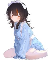  1girl black_hair blue_dress closed_mouth commentary_request dress frilled_dress frilled_hairband frills full_body hairband highres katata looking_at_viewer mahou_shoujo_no_majo_saiban multicolored_hair orange_eyes orange_streaks sawatari_coco short_hair simple_background sitting sleeve_cuffs slit_pupils solo streaked_hair wariza white_background white_hairband 