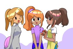  3girls apron black_eyes blonde_hair bodysuit brown_hair commentary_request crossover dark-skinned_female dark_skin food fruit grey_bodysuit holding jump-rope_tutor_(rhythm_tengoku) korean_commentary long_hair looking_at_viewer multiple_girls one_eye_closed open_mouth orange_hair poke_ball ponytail rhythm_tengoku rhythm_tengoku_miracle_stars sachiko_diamond shirt sister_silver smile solid_oval_eyes tomato whffu0803 yellow_apron zero_suit 
