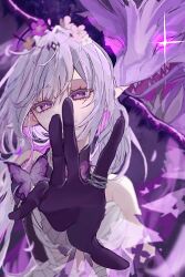  0ninj1n 1girl arm_up bare_shoulders black_tiara blurry blurry_background breasts bright_pupils bug butterfly butterfly_ornament castorice_(honkai:_star_rail) closed_mouth colored_inner_hair colored_skin commentary_request dragon dress elbow_gloves eyelashes floating_hair flower gloves glowing glowing_eye hair_between_eyes hair_flower hair_ornament highres honkai:_star_rail honkai_(series) jewelry long_hair looking_at_viewer low_twintails medium_breasts multicolored_hair multiple_rings orange_flower pink_flower pointy_ears pollux_(honkai:_star_rail) purple_background purple_butterfly purple_flower purple_gloves purple_hair purple_skin purple_theme ring sharp_teeth simple_background sleeveless sleeveless_dress solo teeth tiara twintails very_long_hair violet_eyes white_dress white_flower white_pupils 