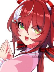  1girl animal_ears blush casual commentary_request ear_covers green_eyes hair_between_eyes hair_ornament highres horse_ears horse_girl jacket long_hair long_sleeves looking_at_viewer low_twintails meineko_lui open_mouth pink_jacket pink_sleeves red_hair simple_background smile solo steepled_fingers twintails umamusume upper_body white_background win_variation_(casual)_(umamusume) win_variation_(umamusume) 